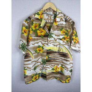 Vintage Made in Hawaii‎ Hibiscus Palm Tree Rainbow Aloha Shirt XL Floral